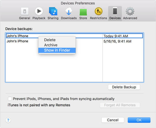 iPhone Backups Location in iTunes