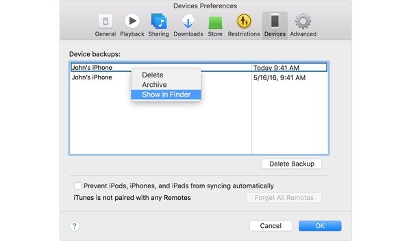 Find the certain iTunes backup folder