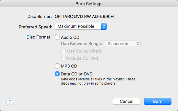 iTunes burning settings