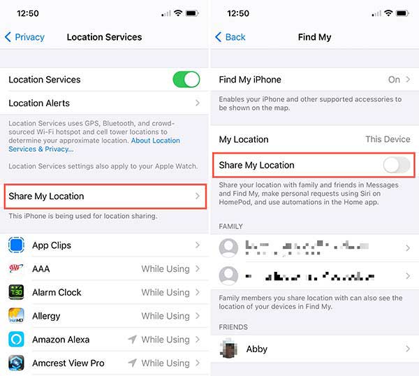 Stop Sharing Location Settings