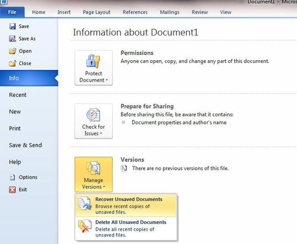 Recover Unsaved Word Document of Word 2010