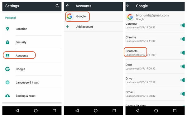 sauvegarde des contacts Android gmail