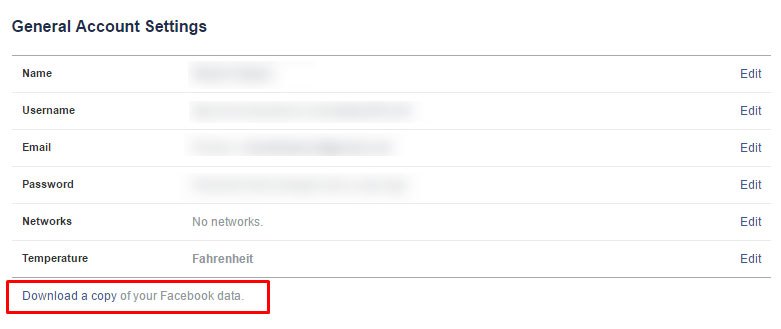 Facebookデータのコピーをダウンロードする