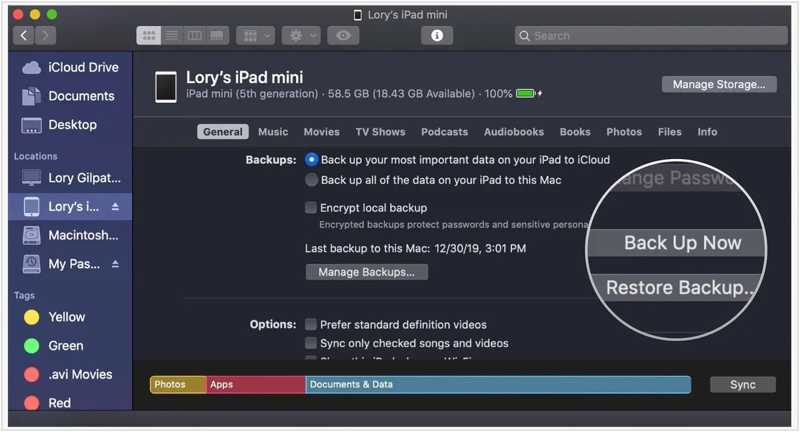 Резервное копирование iPad Finder