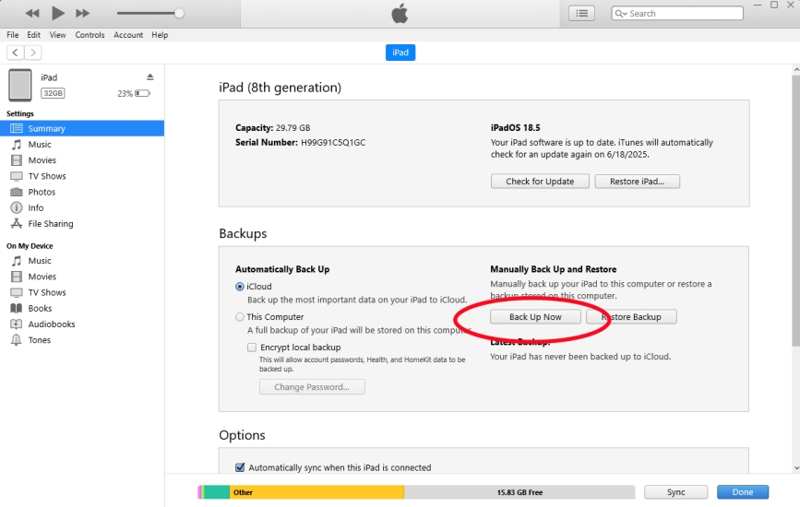 Создайте резервную копию iPad в iTunes.
