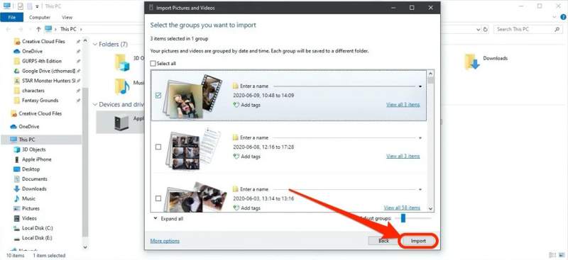 Importer des photos PC