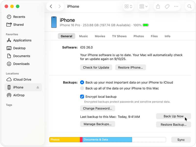 Finder iPhone biztonsági mentése