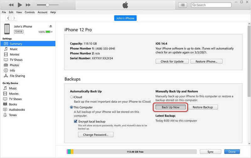 Maak een back-up van de iPhone met iTunes