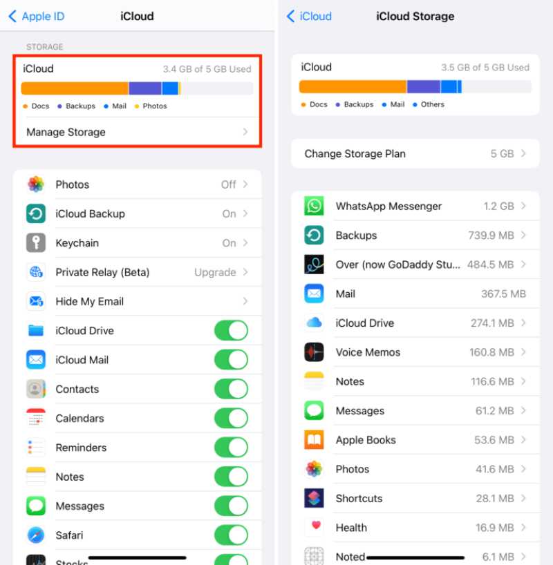 Zkontrolujte úložiště icloud
