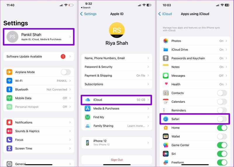 Disable iCloud Sync Safari