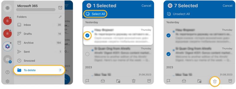 Elimina l'app Outlook selezionata