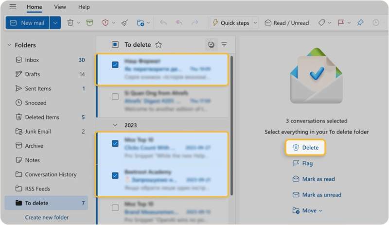 Elimina Outlook Com selezionato