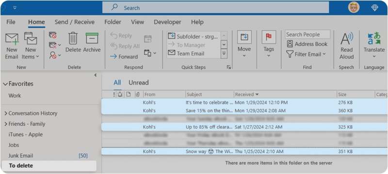 Elimina il desktop di Outlook selezionato