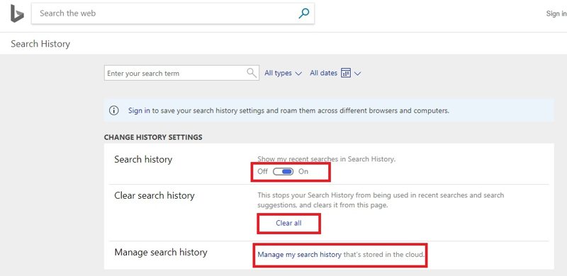 Delete Bing Search History