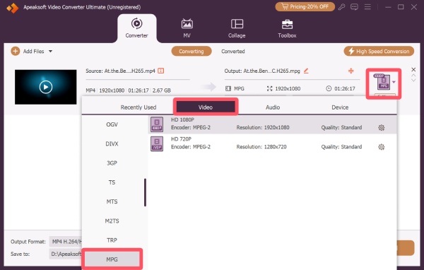 Sélectionnez MPG Apeaksoft