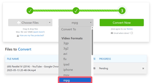 Sélectionnez MPG Zamzar