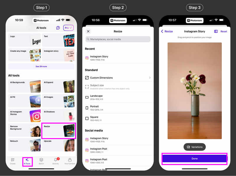 Redimensionner une image avec Photoroom
