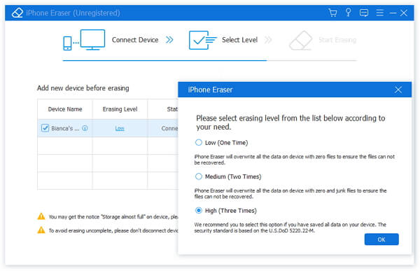 Choose Erasing Level