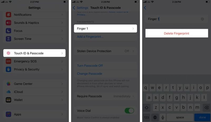 Удалить отпечаток пальца
