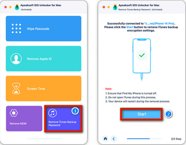 Wählen Sie den Modus „iTunes-Sicherungskennwort entfernen“ auf dem Mac