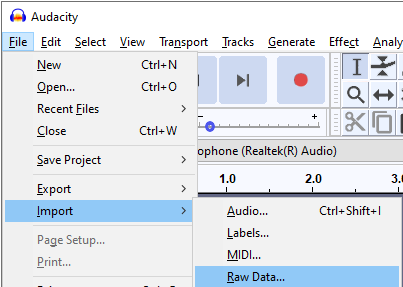 Audacity importuje nezpracovaná data