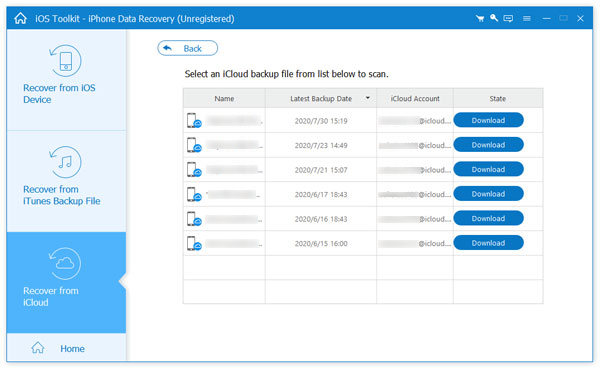 ダウンロードするiCloudバックアップを選択