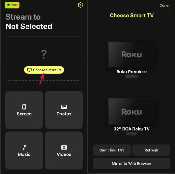 Velg Roku TV på DoCast-appen