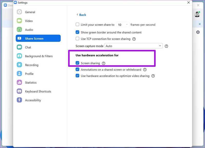 Hardwarebeschleunigung für Bildschirmfreigabe