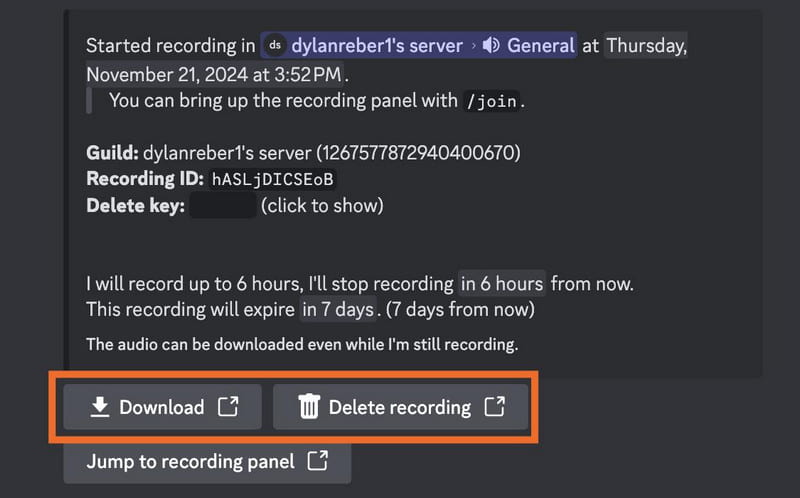 停止並下載 Discord 錄製內容