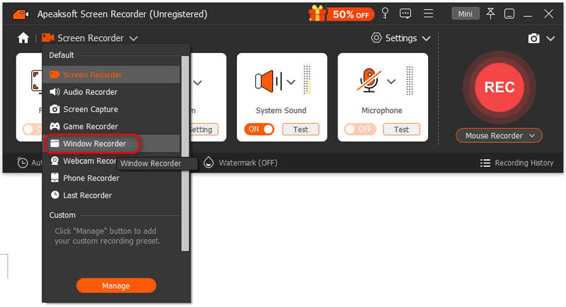 Select Window Recorder in Apeaksoft Screen Recorder