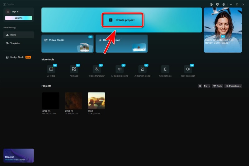 Luo uusi projekti CapCut Desktopissa