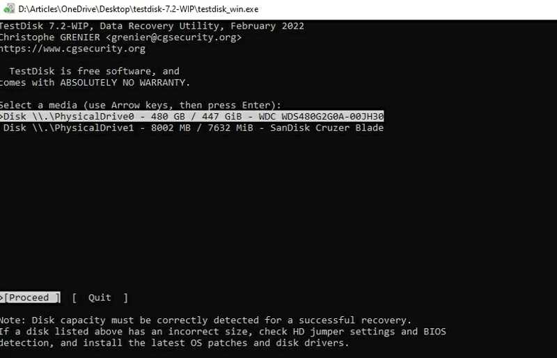 Select Drive TestDisk