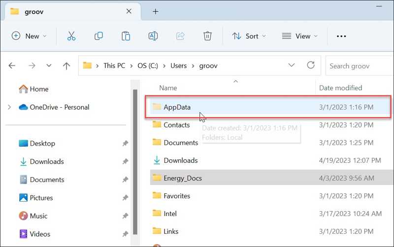 AppData-mappen i Filutforsker