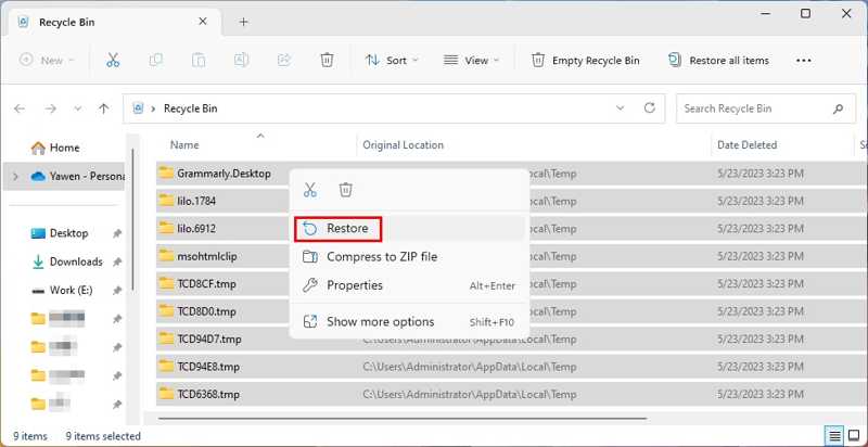 Gjenopprett AppData-mappen fra papirkurven