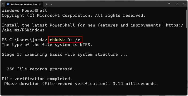 Chkdsk R parancs