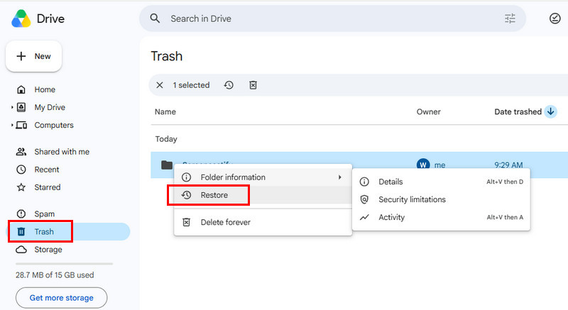 Récupérer les fichiers supprimés de Google Drive depuis la corbeille