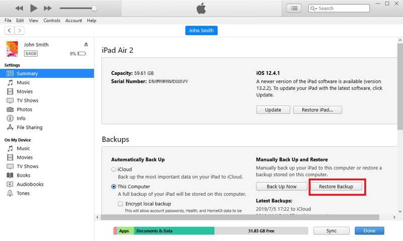 Restaurer la sauvegarde de l'iPad