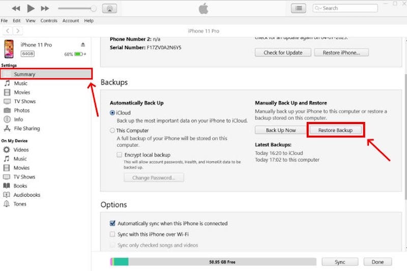 Gjenopprett iTunes Backup
