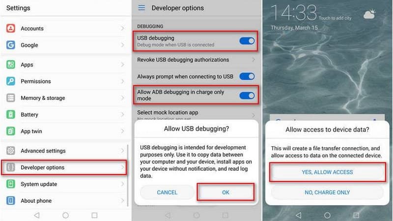 Включите отладку по USB для передачи данных.