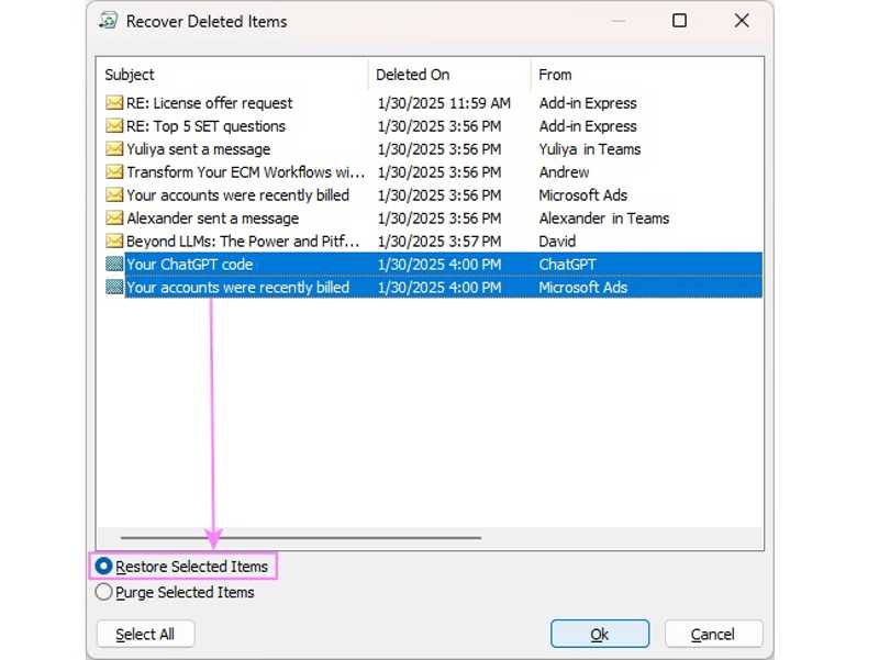 Restore Selected Items
