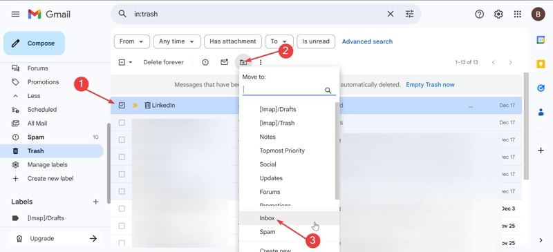 Gmail-Papierkorb wiederherstellen