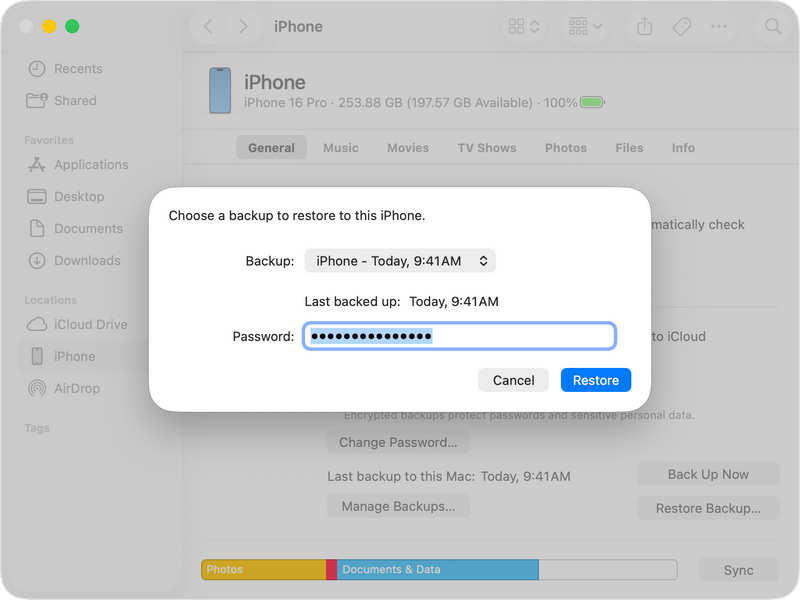 输入 iTunes 加密密码