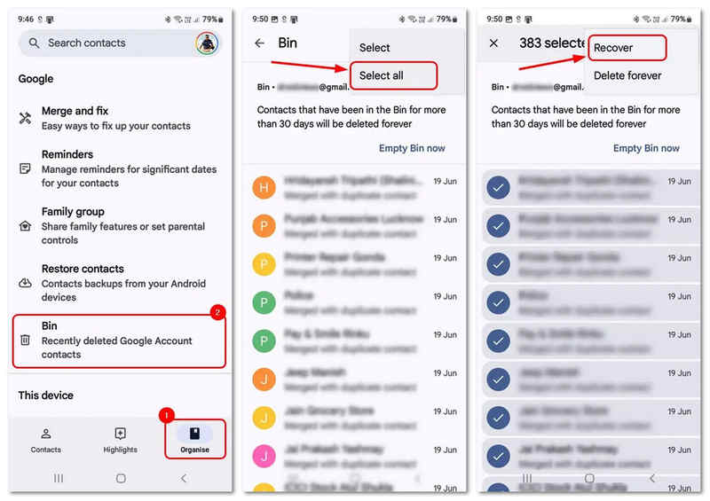 从 Google 联系人回收站恢复 Android 手机号码