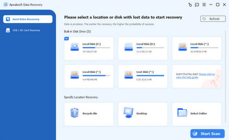Start skanning av datamaskin Apeaksoft