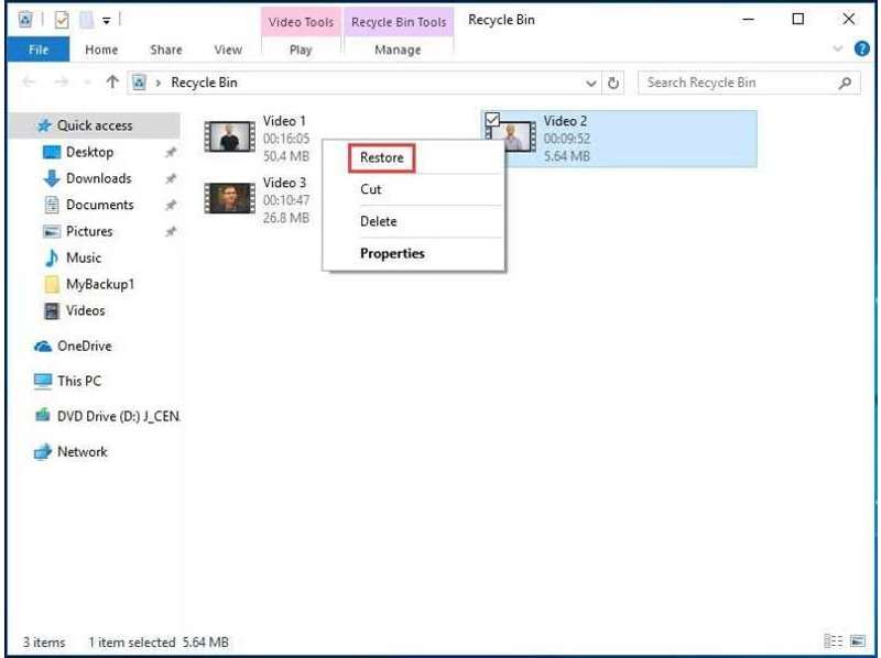 Restore Video Recycle Bin