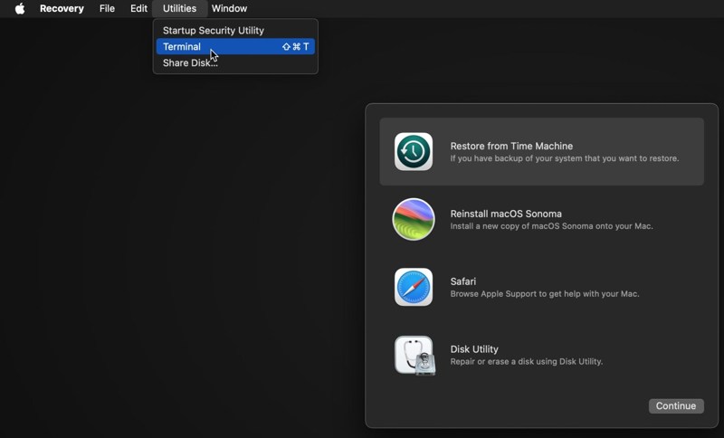 Kjør Terminal i gjenopprettingsmodus