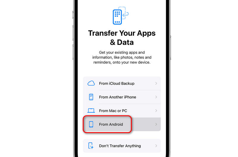 在“应用和数据”屏幕上选择 Android