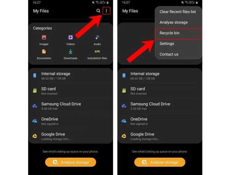 Abrir la opción Papelera de reciclaje de Samsung