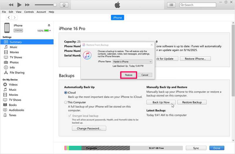 Choisir la sauvegarde iTunes