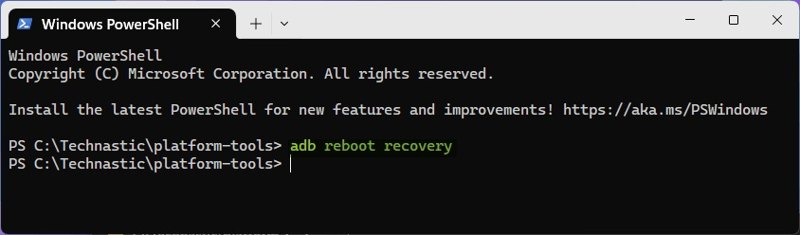 Comando de recuperación de reinicio de Adb
